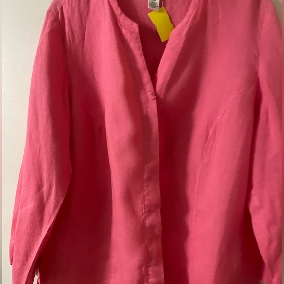 Talbots Vibrant Barbie Pink (14 W) 100% Linen, Tiny Square Hidden Buttons Shirt - Picture 5 of 14